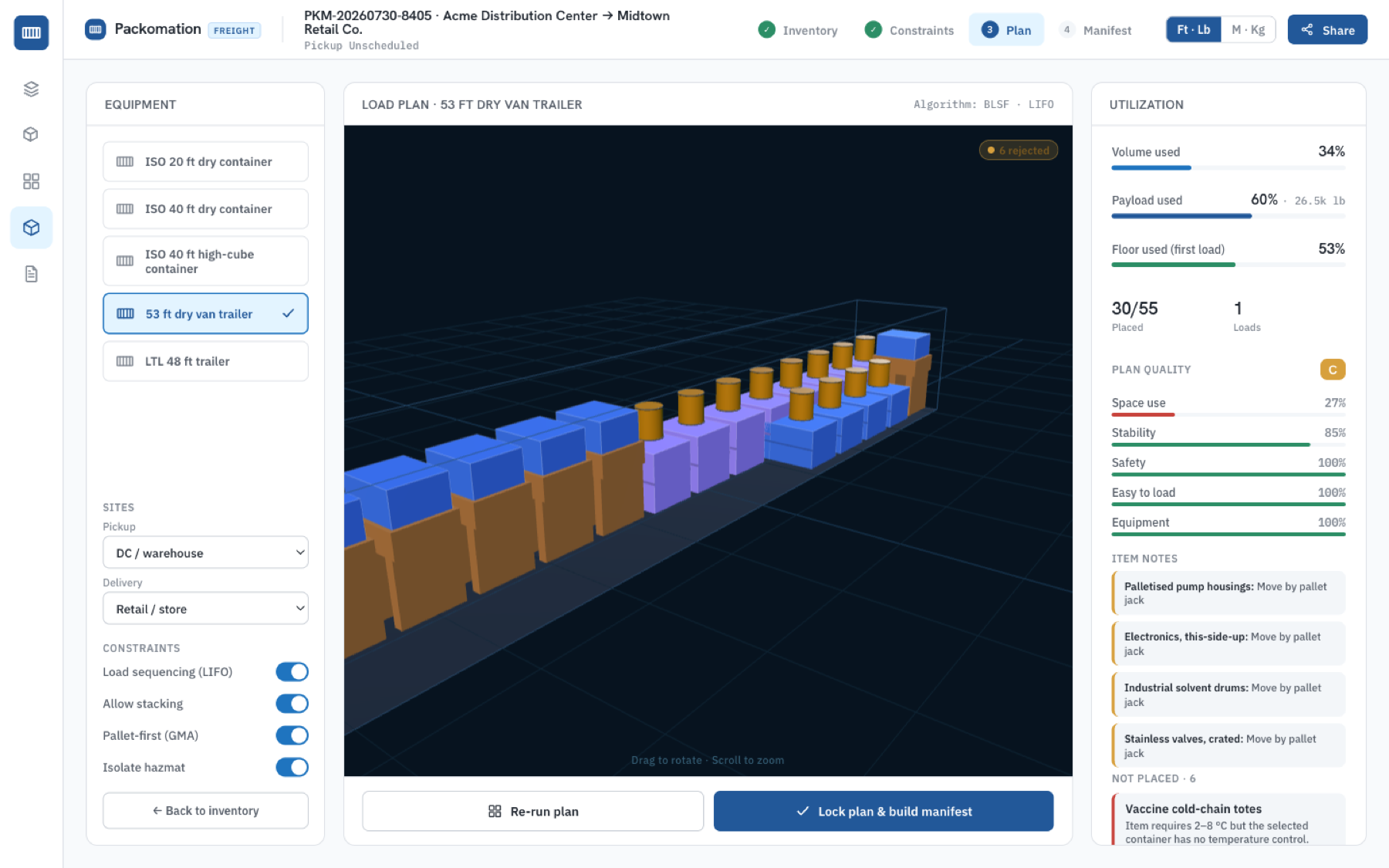 Packomation Freight plan screen: a 3D load diagram of a 53 ft dry van with utilization metrics, a plan-quality scorecard, and constraint toggles