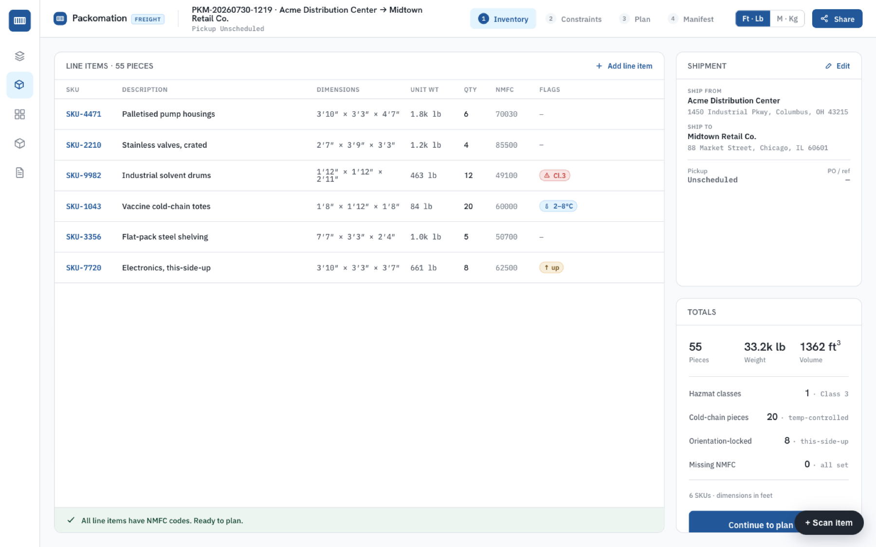Inventory screen: line items with dimensions, weights, NMFC codes, and hazmat/cold-chain flags