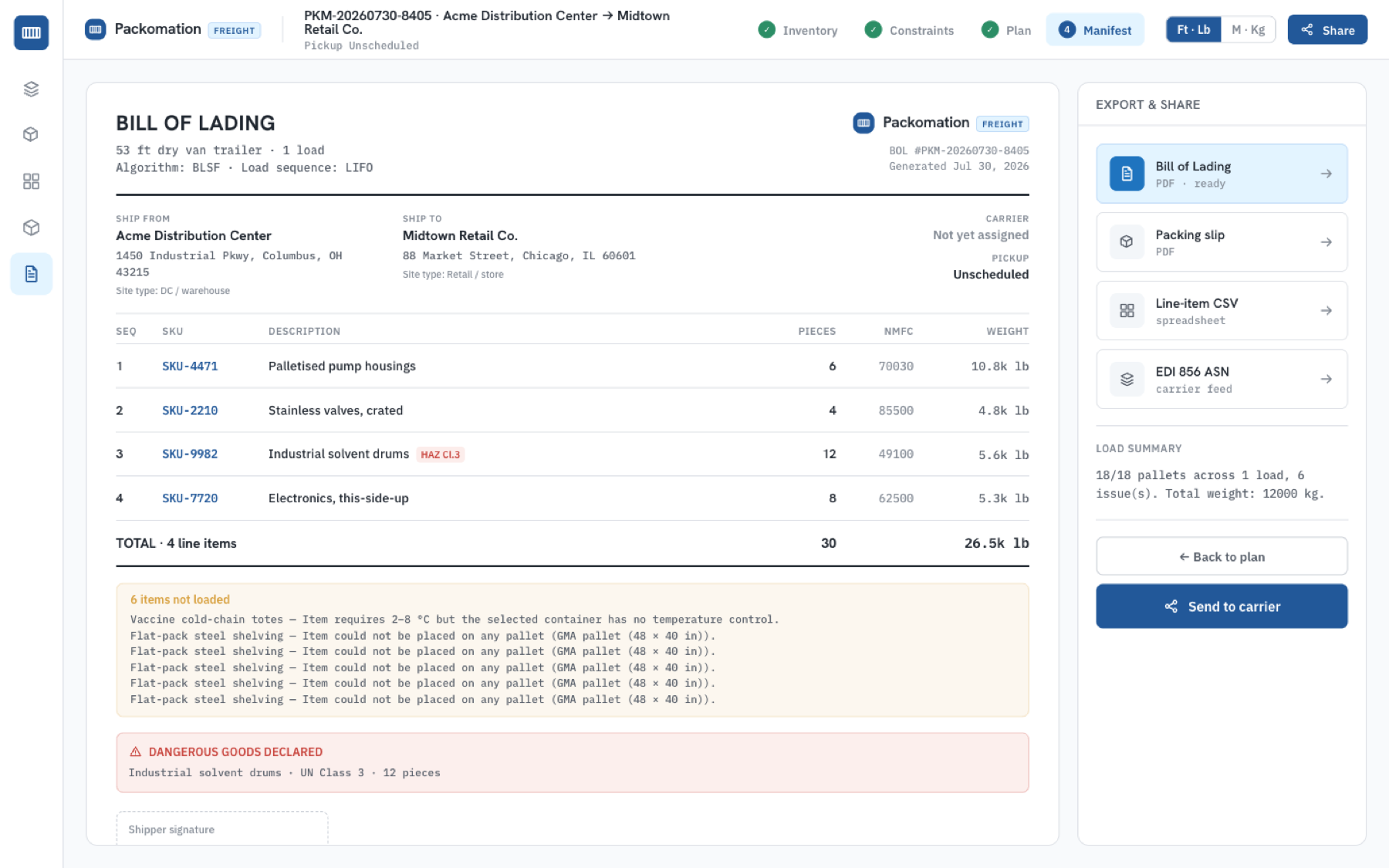 Manifest screen: bill of lading with shipper, consignee, and export actions